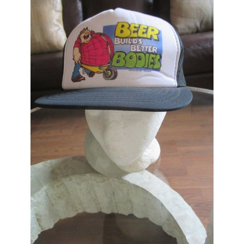 Vintage 80s Beer Builds Better Bodies Snapback Hat Funny Mesh Trucker Adjustable